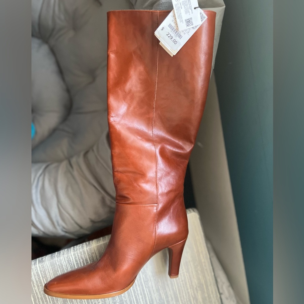 Zara Tall Heeled Leather Boots in Cognac Brown - Picture 12 of 13